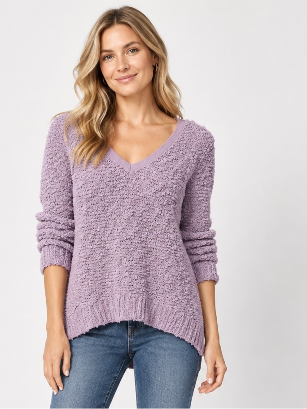 Free People Songbird Popcorn Light Lavender Cotton Oversized Chunky Knit Sweater